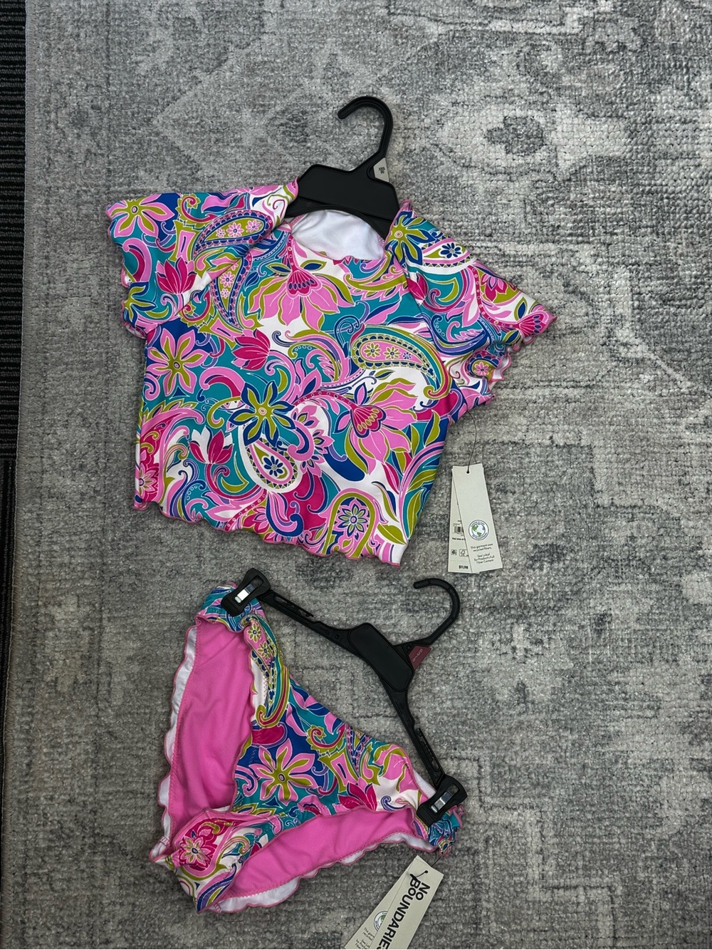 No Boundaries Girls Pink Blue Paisley Rash Guard Bikini Set